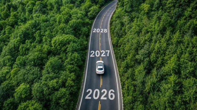 Car driving on road marking future years 2026 2027 2028