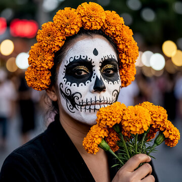 Woman in traditional sugar skull makeup holding marigold flowers