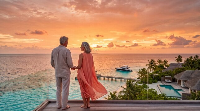 Senior Couple Enjoying Luxury Tropical Resort at Sunset