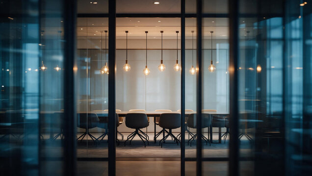 Empty Modern Boardroom with Conference Table and Glass Partition