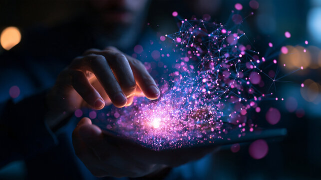 Hand Touching Futuristic Digital Network on Tablet Screen