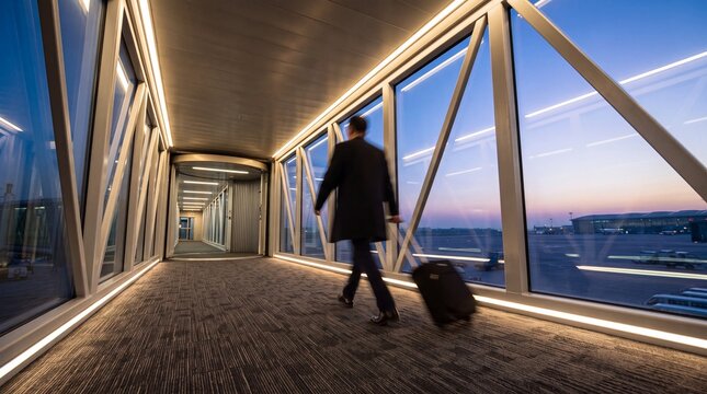 Businessman Walking with Suitcase in Airport Jet Bridge