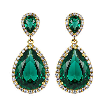 Pair of elegant drop earrings featuring pear shaped emerald gemstones surrounded by small diamonds