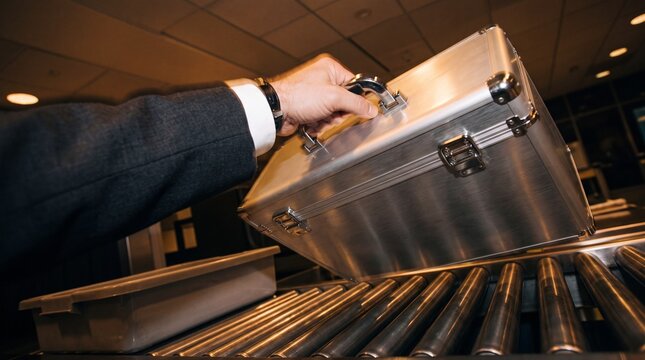 Businessman Placing Metal Briefcase on Airport Security Conveyor Belt