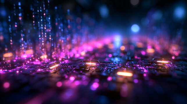 Futuristic Digital Circuit Board with Glowing Data Streams
