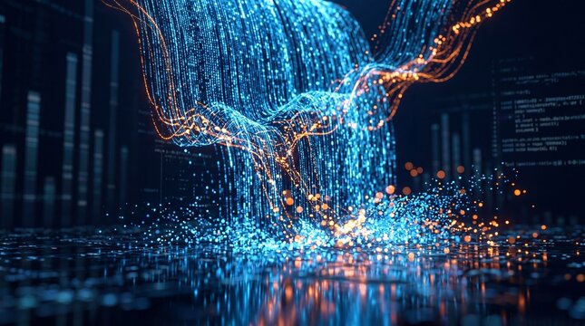 Digital Data Stream Flowing Like Futuristic Waterfall