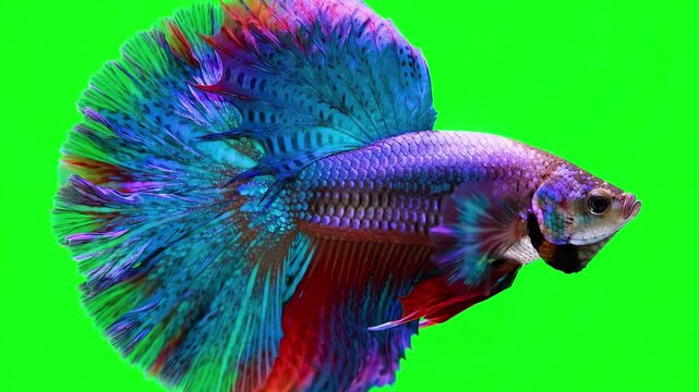 Elegant Siamese fighting fish swimming gracefully with flowing fins against a bright chroma key green screen background for video compositing
