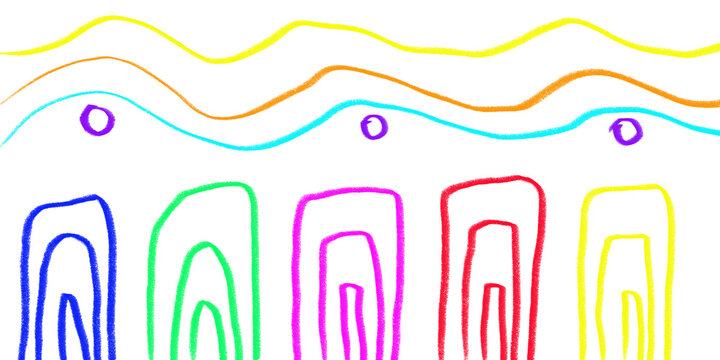 Abstract handdrawn illustration with colorful wavy lines, purple circles, and nested rectangular arch shapes isolated on transparent background
