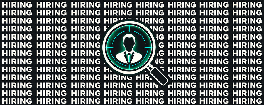 Recruitment Concept Magnifying Glass Over Businessman Icon on Repeating Hiring Text Background