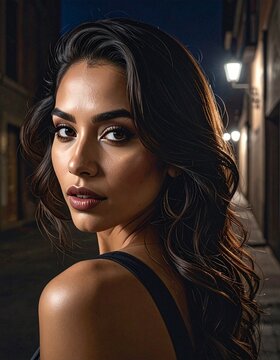 side portrait of a mysterious woman, she is looking over her shoulder
