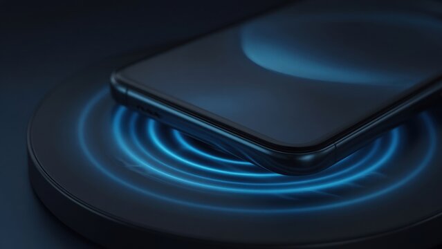 Smartphone on Wireless Charging Pad with Glowing Blue Rings