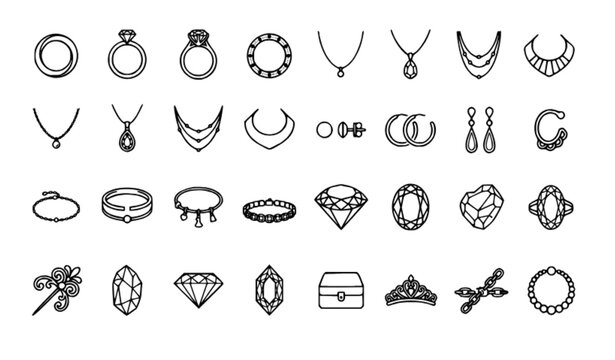 Jewellery Icons Set Simple Line Art Vector Collection