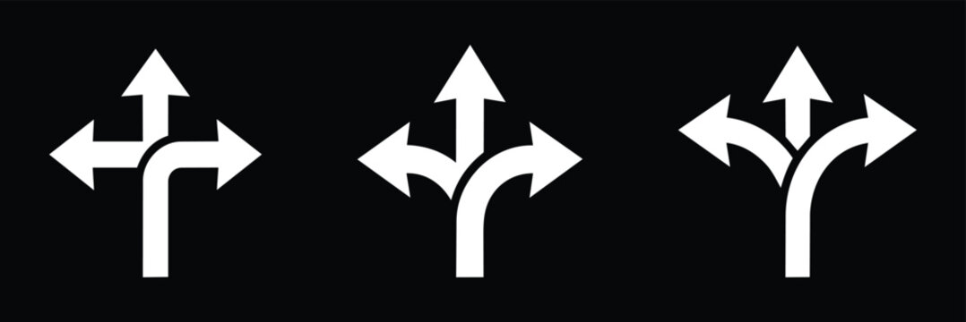 Three white directional arrow icons depicting diverging paths against a black background arrows direction divergence choices options pathways navigation guidance signage symbols