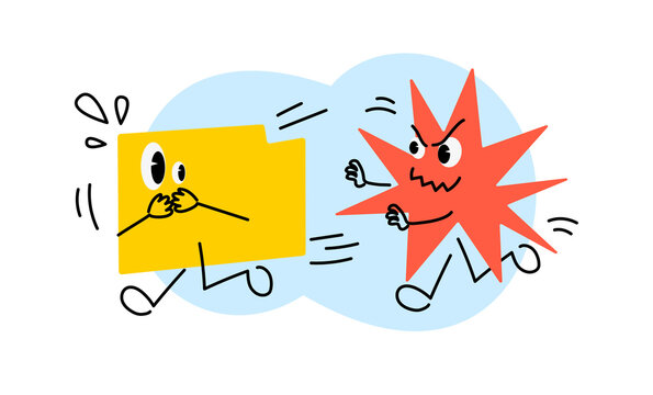 Scared digital folder escaping aggressive computer virus in cybersecurity threat illustration