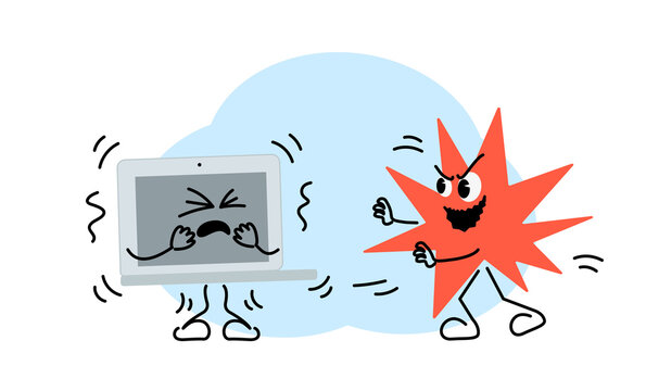 Frightened laptop under attack from dangerous computer virus in malware infection illustration