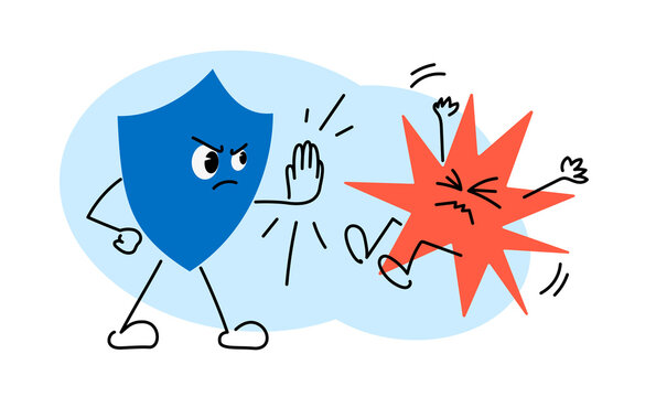 Protective blue shield blocking malicious virus in network security defense illustration