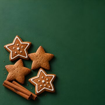 Christmas gingerbread stars and cinnamon on green copy space
