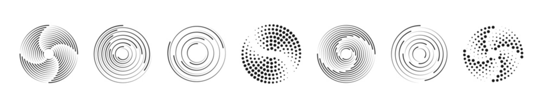 Futuristic spiral icons with circular lines and digital geometry