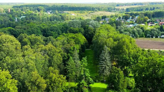 Yasnaya Polyana, Russia. Lev Nikolaevich Tolstoy was born and lived most of his life in Yasnaya Polyana. Drone footage, Departure of the camera