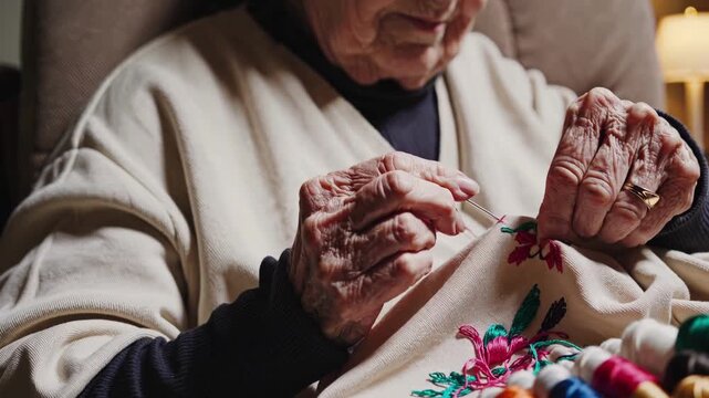 Focused mature matriarch sews intricate flower patterns into fabric using fine needlework tools indoors. Senior artisan enjoys tranquil retirement hobby crafting beautiful textile art quietly.