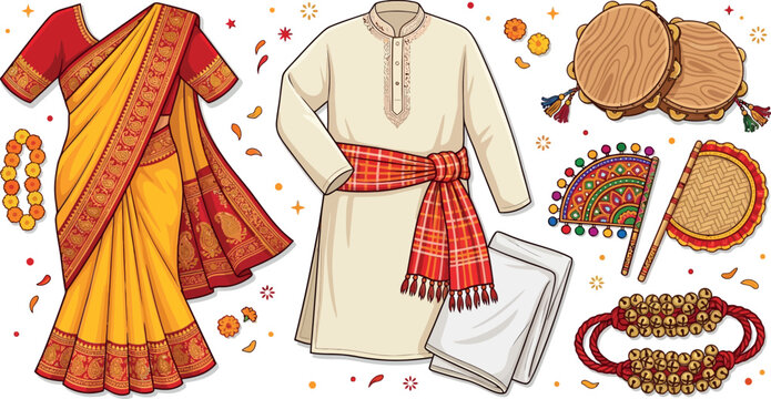 Traditional Bengali Pohela Boishakh Festival Vector Set with Yellow Red Sharee, White Panjabi, Gamcha Sash, Ektara Drum, Colorful Hand Fans, and Ghungroo Anklets.