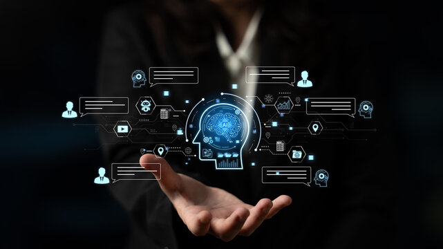 Artificial intelligence AI chat message concept linking users, knowledge base, search and analytics to provide automated NLP data support and informed business decisions, tech model training. Corpus