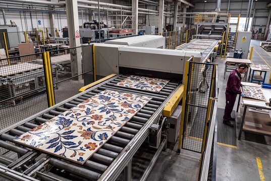 Worker inspecting decorated tiles on factory production line