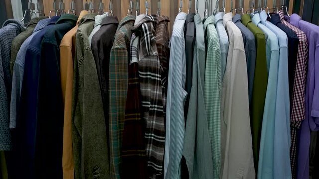 Collared Shirts and Jackets Hanging on Clothing Rack, Textile Apparel Collection Hanging on Metal Hooks