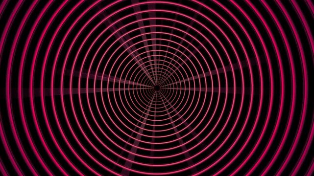Hypnotic glowing red concentric circles tunnel motion video featuring infinite futuristic abstract patterns spinning continuously through dark dimensional space for visual backgrounds