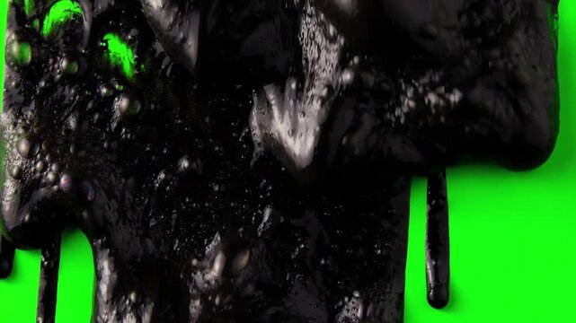 Viscous black sludge oozing down a bright green screen with bubbling toxic fluid texture for chroma key overlay