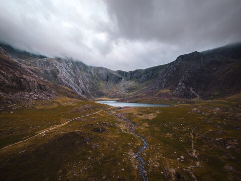 Aerial view of Llyn Idwal and Cwm Idwal beneath low clouds