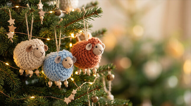 Knitted sheep Christmas tree ornaments hanging on pine branches with lights