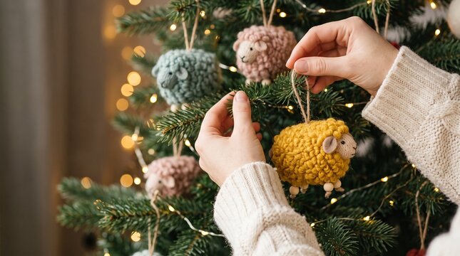 Person decorating Christmas tree with handmade knitted sheep ornaments