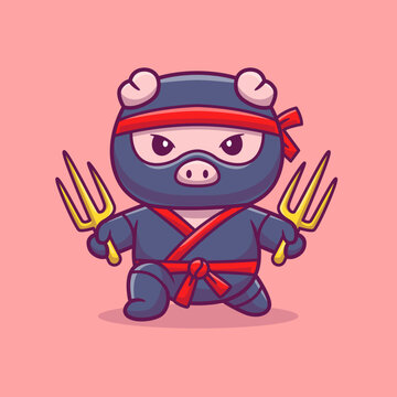 Cute Pig Ninja Holding Trisula Sword Cartoon