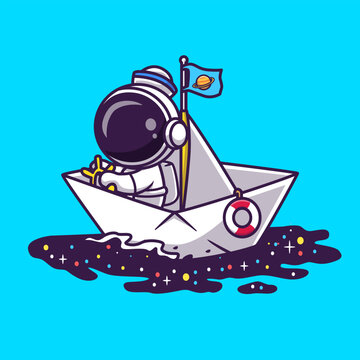 Cute Astronaut Riding Paper Boat On Space Cartoon