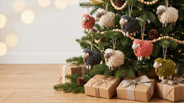 Decorated Christmas tree with handmade yarn sheep ornaments and wrapped gift boxes