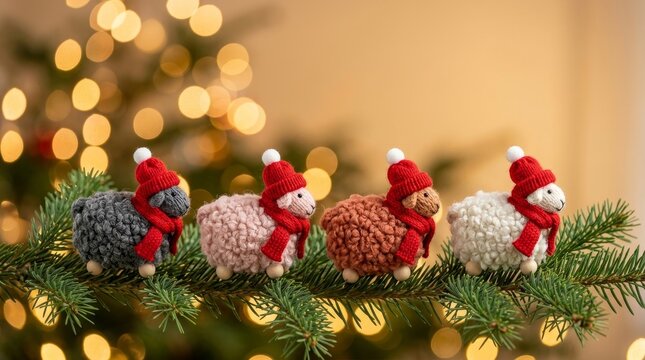 Christmas sheep figures in red hats standing on pine branch with festive lights