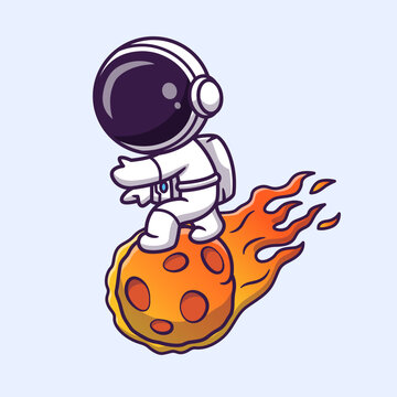 Cute Astronaut Standing On Meteor Cartoon