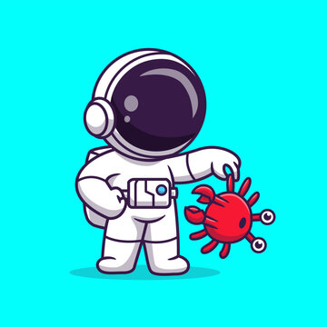 Cute Astronaut Holding Crab Cartoon