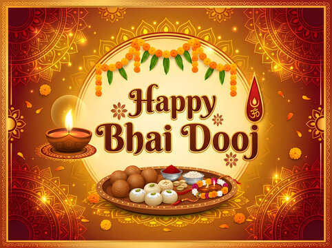 Happy bhai dooj festival greeting card with traditional diya lamp, sweets, and marigold flowers on a decorative background with mandala patterns and festive elements