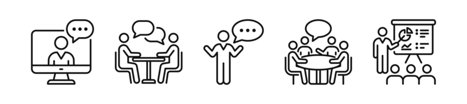 Business communication video call presentation team meeting line icon set