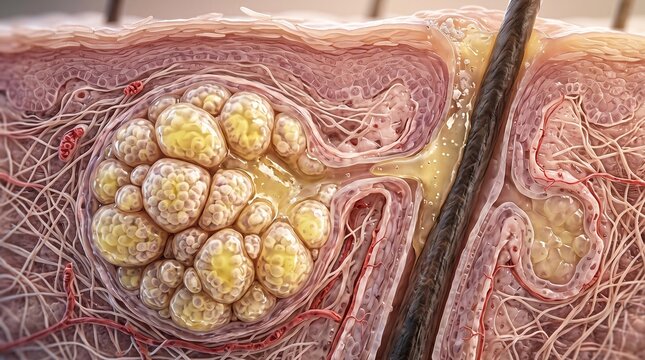 Medical Illustration of a Skin Tumor Biopsy Procedure with Surgical Needle and Nerve Tissue Layers