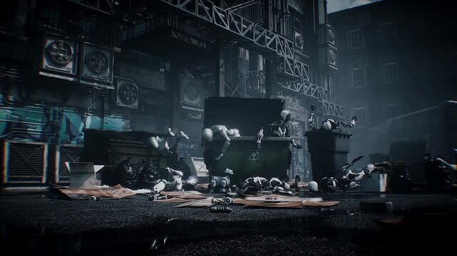 Humanoid Robots Abandoned in a garbade, Symbolizing Obsolete Technology, Artificial Intelligence Waste, and Machines That Have Become Useless and Unwanted