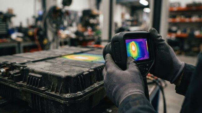 Technician using a thermal imaging camera to inspect an ev battery pack casing showing a heat gradient