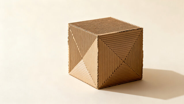 Geometric cube made from corrugated cardboard with X pattern folds on beige background creative packaging concept
