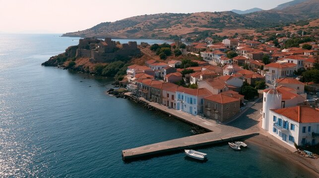 Scenic Aerial View of Molyvos Village and Byzantine Castle on Lesvos Island, Greece