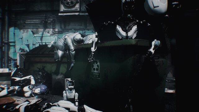 Humanoid Robots Abandoned in a garbade, Symbolizing Obsolete Technology, Artificial Intelligence Waste, and Machines That Have Become Useless and Unwanted