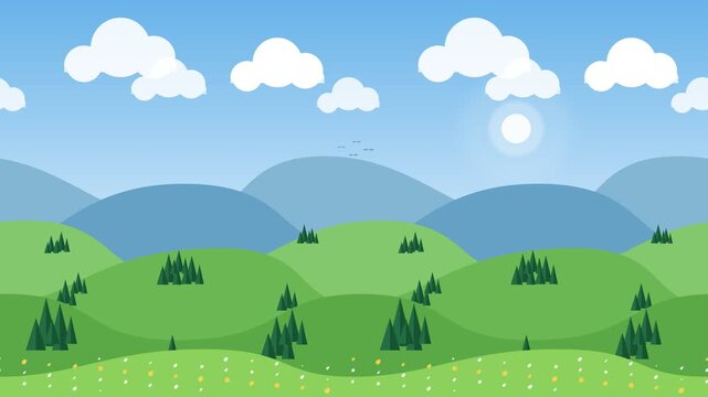 Green Landscape Scrolling in 2D Animation Style