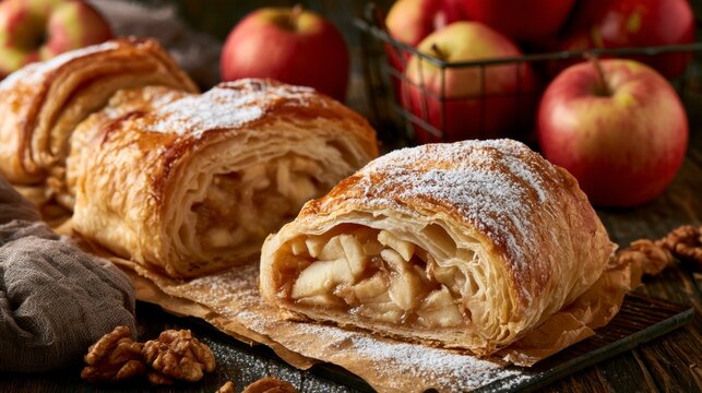 Freshly baked apple strudel with powdered sugar and walnuts on a rustic wooden table with fresh red apples in the background.