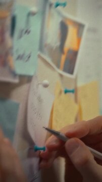 A close-up shot of the hands of a man standing in a quiet office in the evening, engrossed in planning and brainstorming solutions to a problem using bright, multicolored sticky notes on a whiteboard